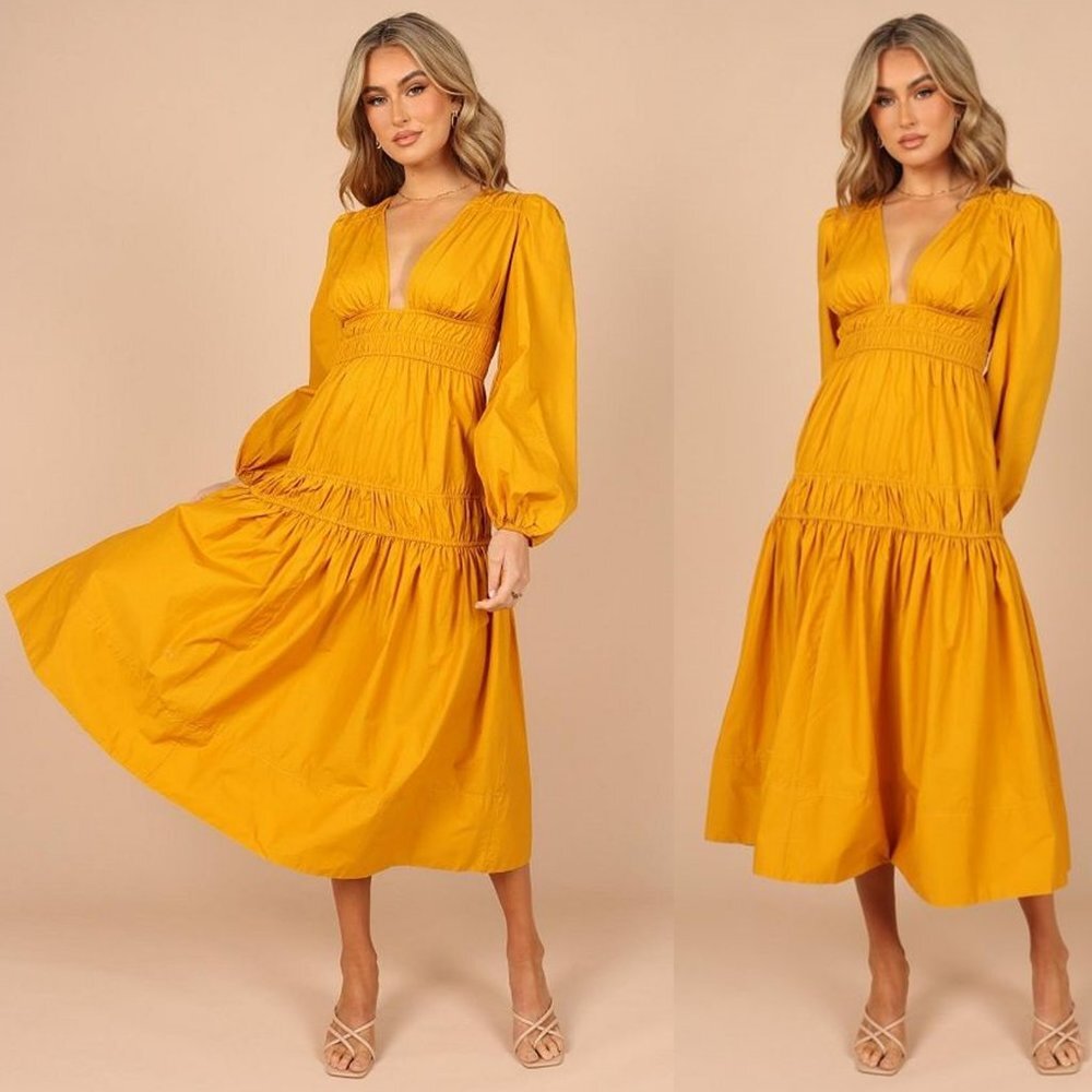 Petal & Pup Mustard Yellow Maxi Dress with Long Puff Sleeves NWOT